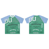 DUAA Green‑Blue Raglan Slogan Collage Street Tee