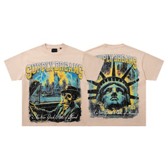 SUPPLY Dreams Statue Of Liberty Beige Washed Oversized Graphic T‑Shirt