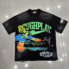 Roughplay Wrecked Muscle Car Lightning Bolt Distressed T‑Shirt