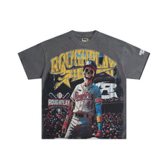 Roughplay Skull Baseball Player Grin Smiley Double‑Sided Distressed Tee