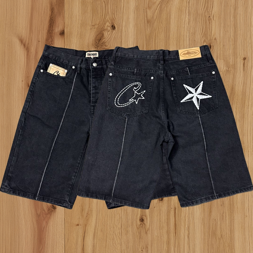 High version Corteiz Devil's Island West Coast denim shorts, kapok flower collaboration, American street six quarter pants trend (2)