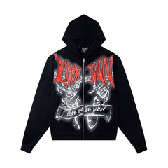 Mixed Emotions Gothic Angel Rhinestone Zip Up Hoodie Streetwear Graphic Full Zip Jacket