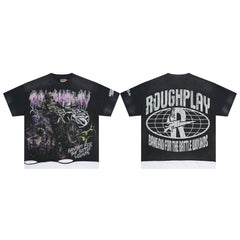 Roughplay Lightning Dirt‑Bike Rider Layered Hem Double‑Sided Distressed Tee