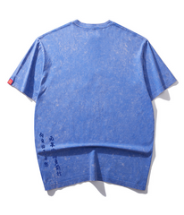Indigo Washed Embroidered Lotus - Oriental Style T-Shirt