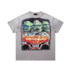 Rare Peace Chaos Car Graphic Oversized Rhinestone Gray T-Shirt