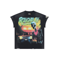 Roughplay Bandana Skeleton Classic Car Double‑Sided Distressed Tee