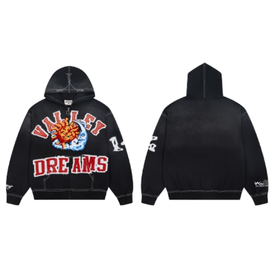 Vale Forever Valley Dreams Sun Moon Graphic Zip‑Up Hoodie Black