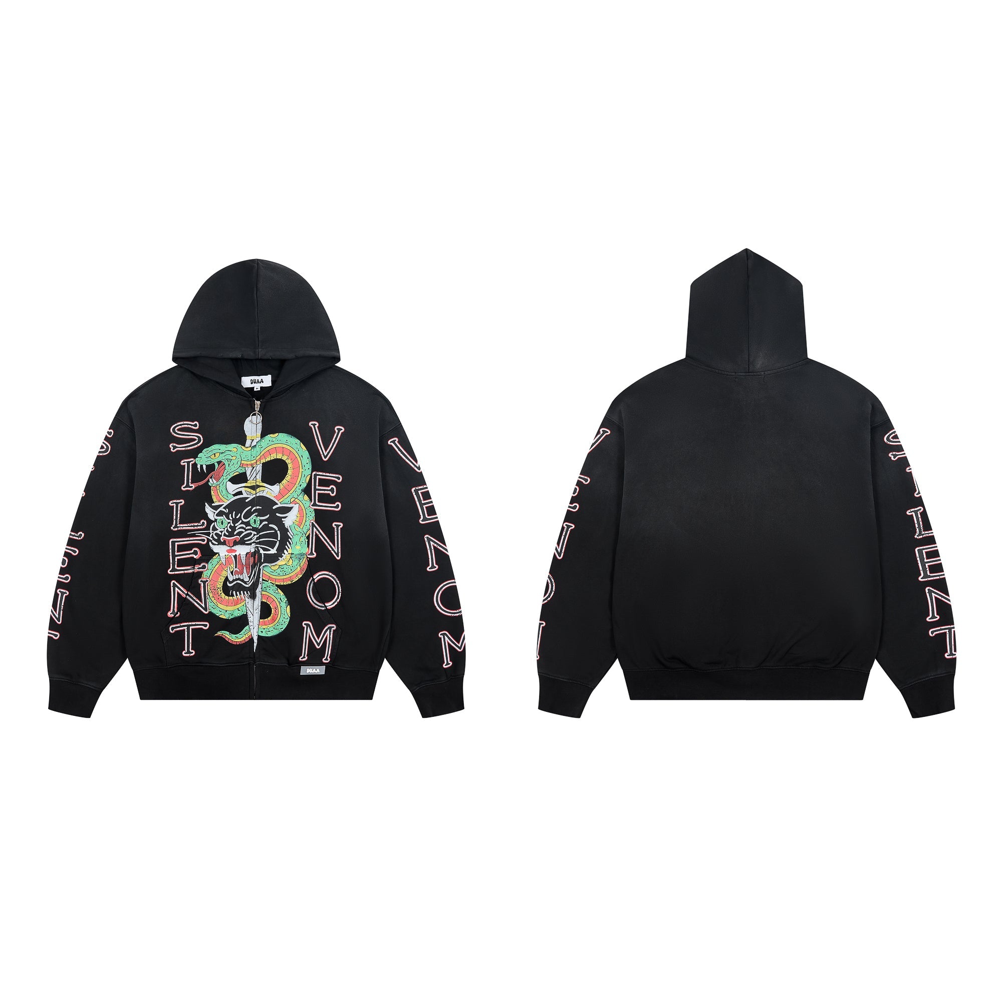 DUAA Silent Venom Panther & Snake Tattoo‑Style Zip‑Up Hoodie