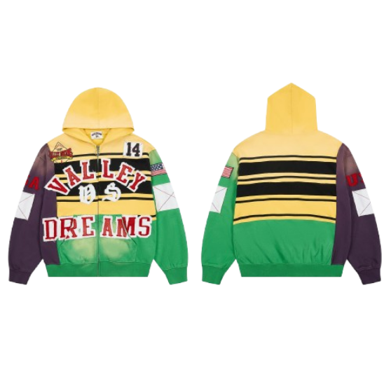 Vale Forever Valley Dreams USA Multi‑Color Patchwork Zip‑Up Hoodie Yellow Green Purple