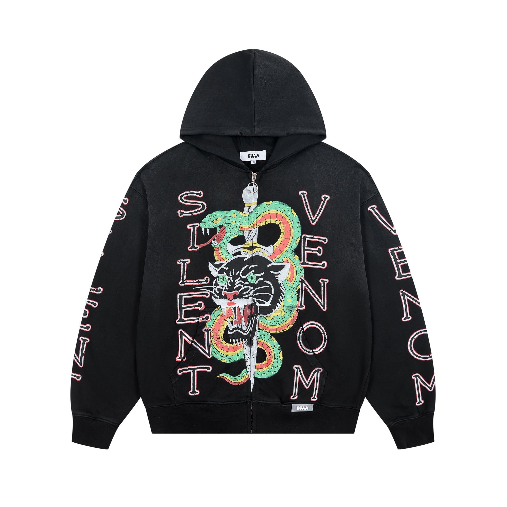 DUAA Silent Venom Panther & Snake Tattoo‑Style Zip‑Up Hoodie