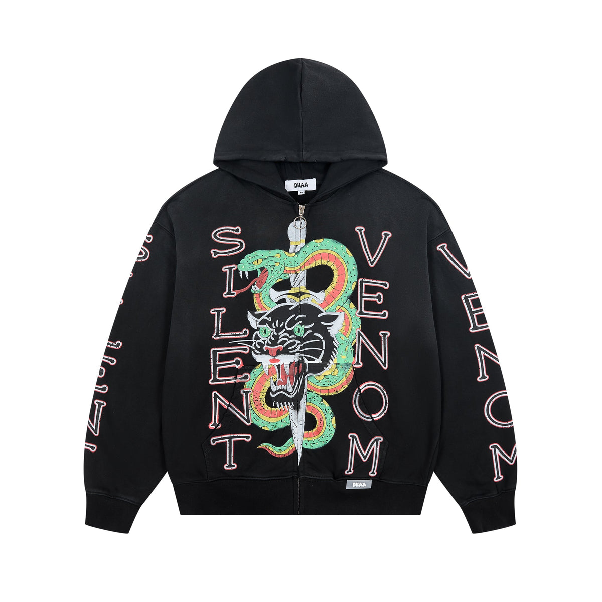 DUAA Silent Venom Panther & Snake Tattoo‑Style Zip‑Up Hoodie