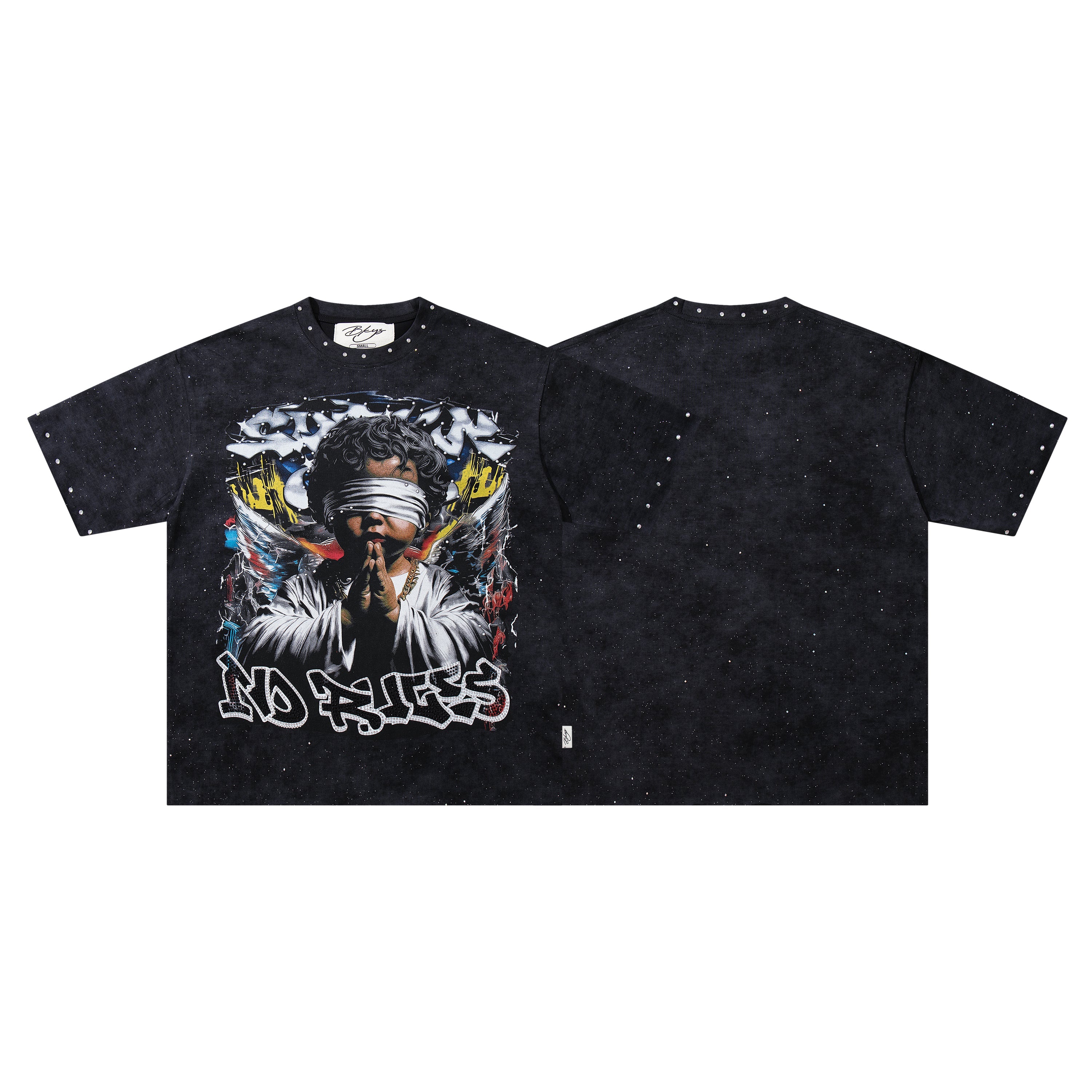 BKYS Praying Angel Rhinestone Black Oversized Graphic T-Shirt