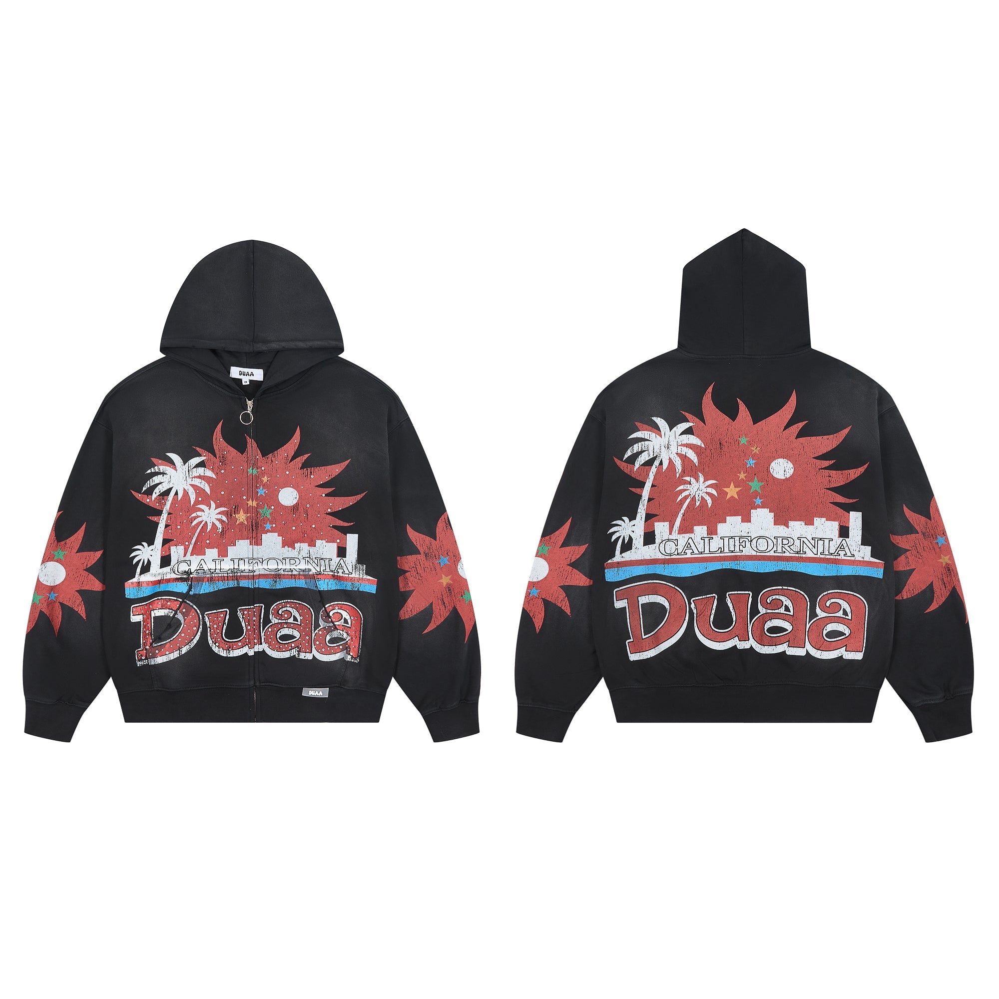 DUAA California Sunset Cityscape Vintage Zip‑Up Hoodie