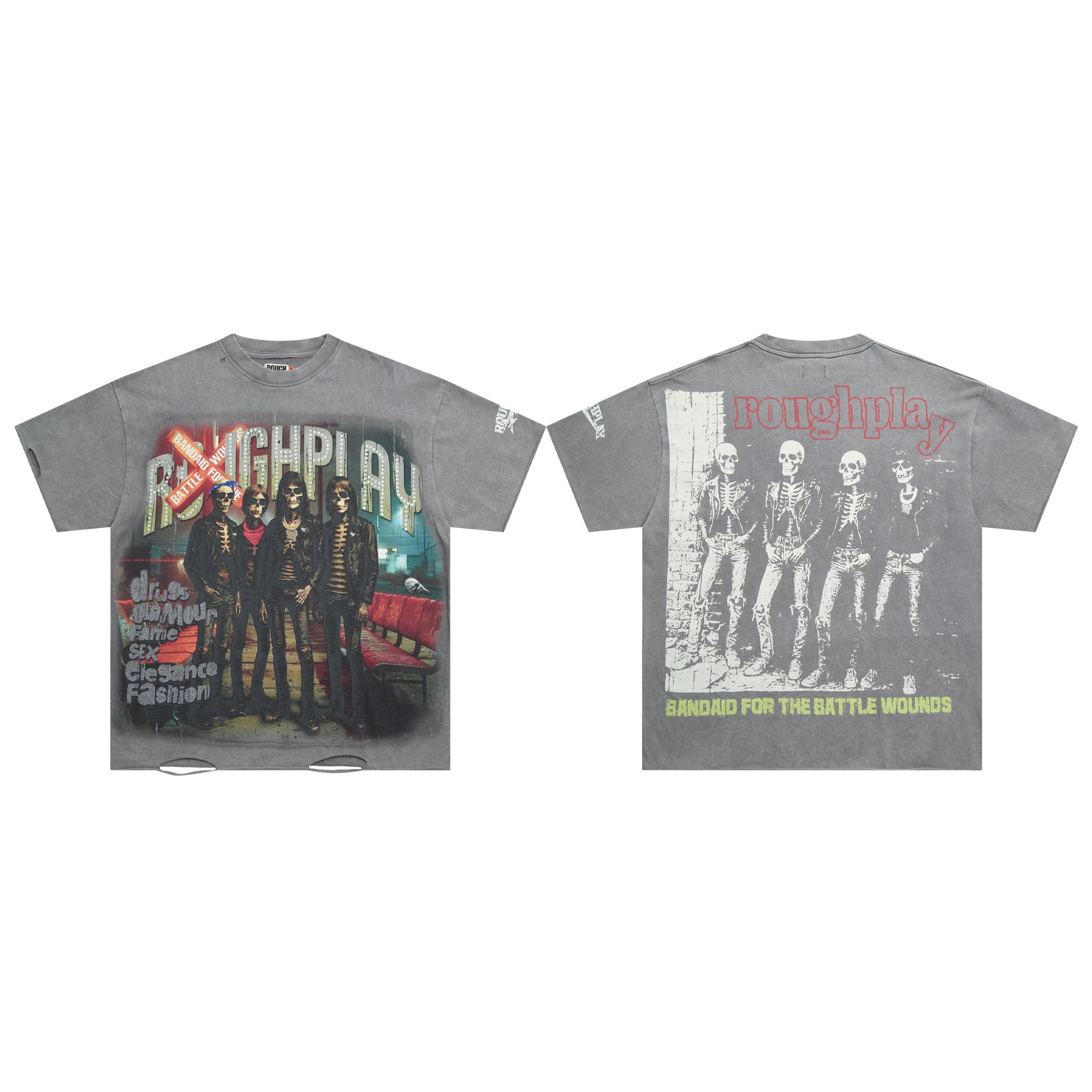 Roughplay Skeleton Rock Band Retro Glam Distressed Tee