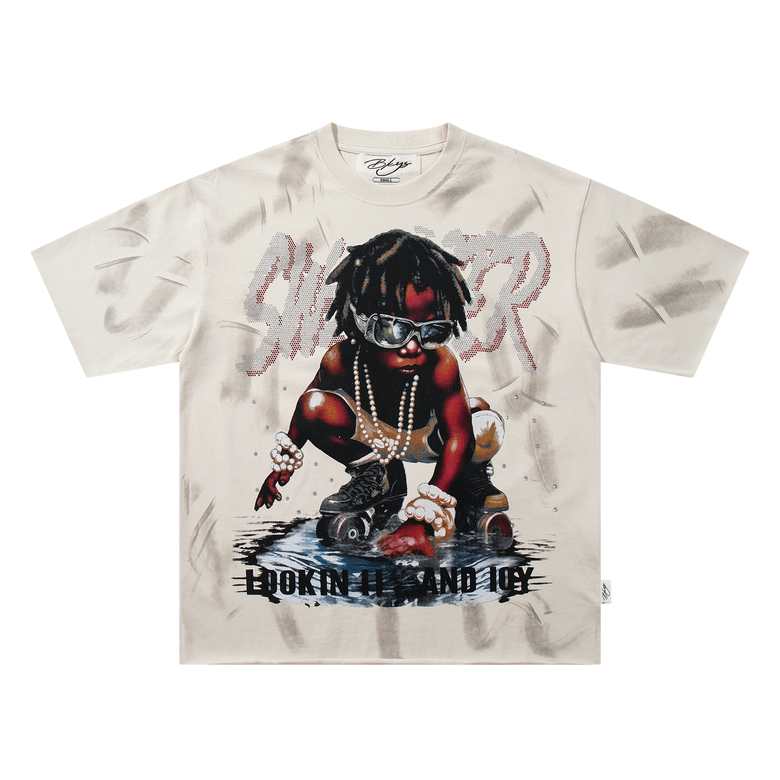 BKYS Roller Skate Kid Rhinestone Cream Oversized Graphic T-Shirt