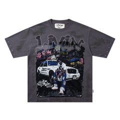 BKYS  Hip Hop Rapper Taxi Grey Star Washed Oversized Graphic T‑Shirt