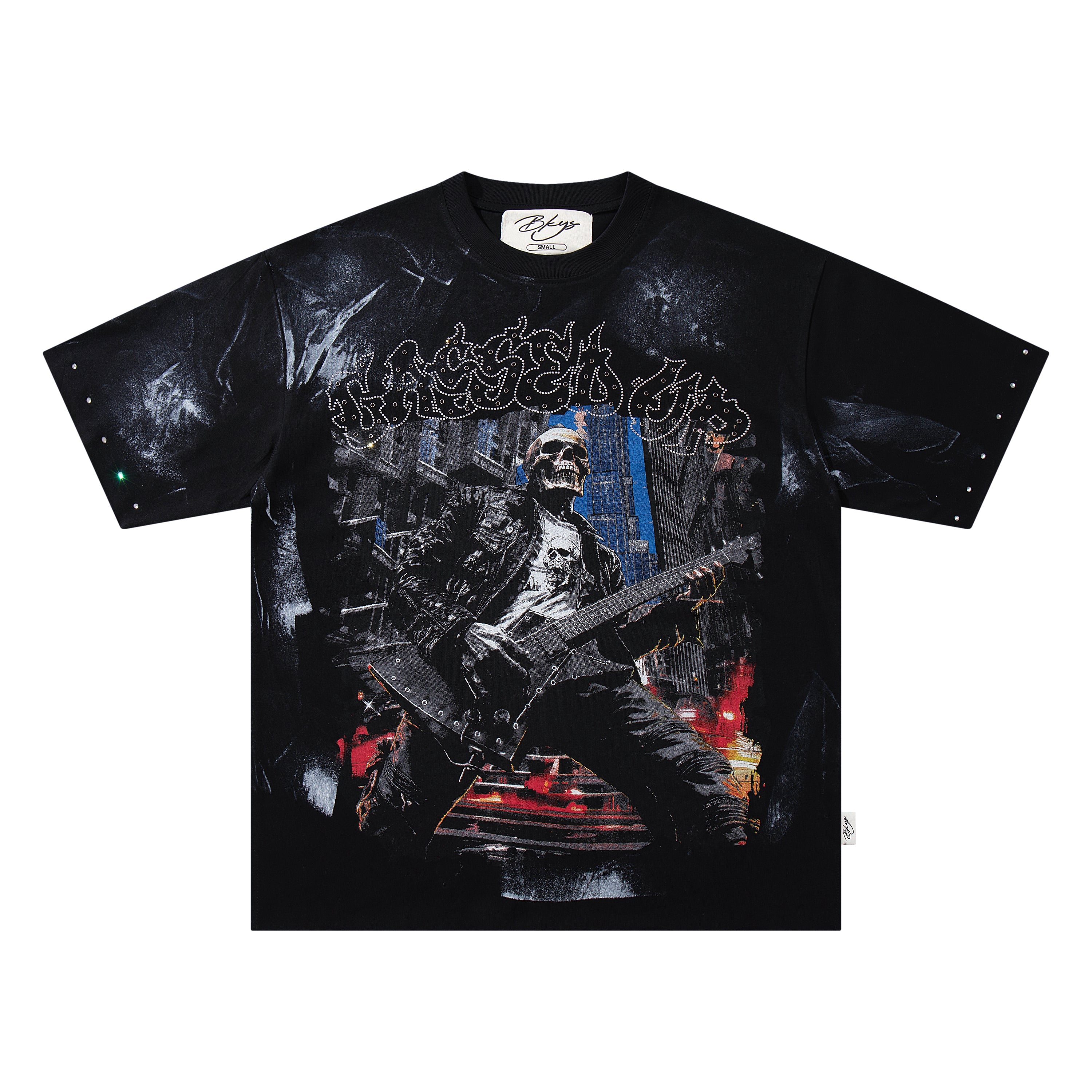 BKYS Skeleton Guitar Rocker Black Washed Rivet Oversized Graphic T‑Shirt
