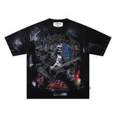 BKYS Skeleton Guitar Rocker Black Washed Rivet Oversized Graphic T‑Shirt