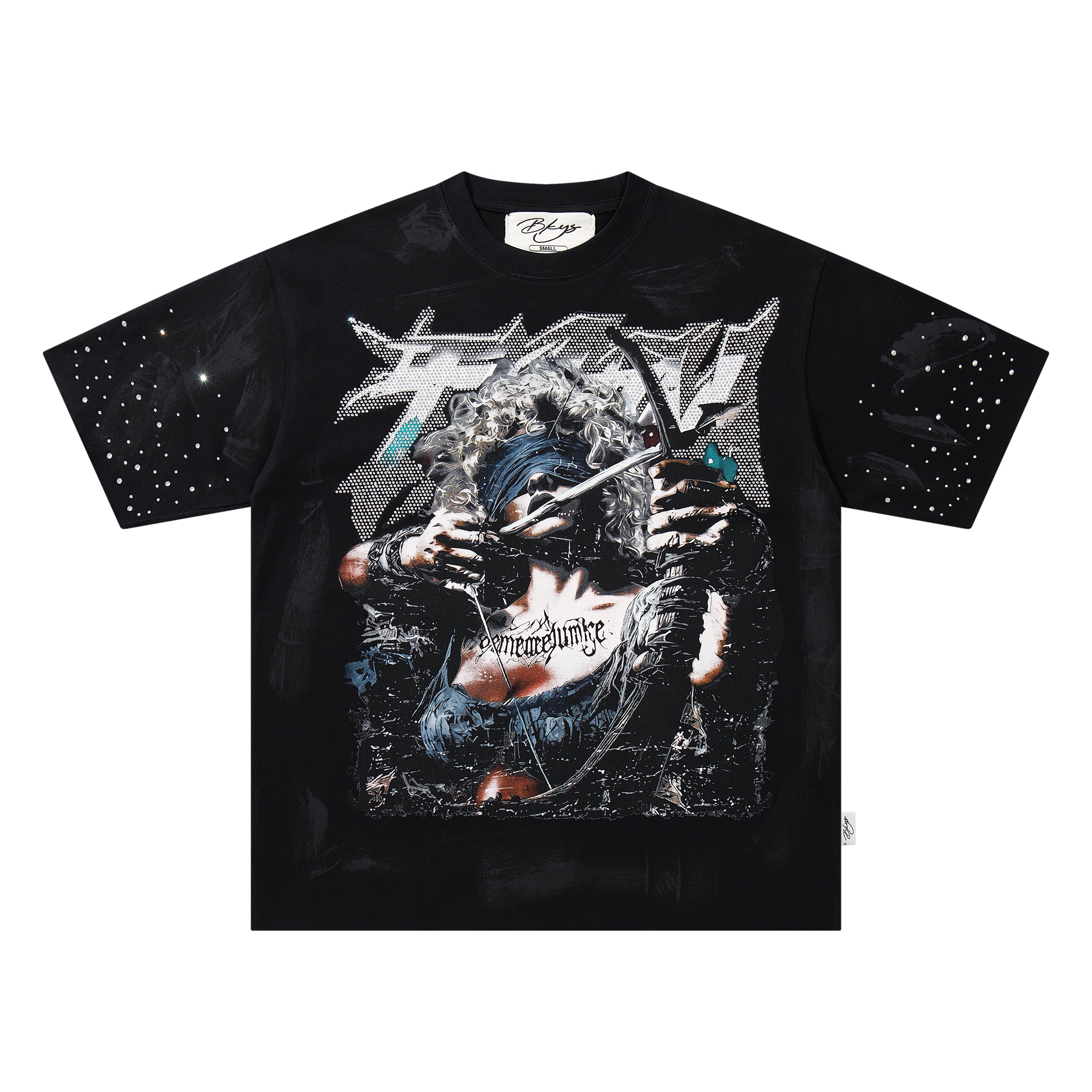BKYS Crossbow Lady Rhinestone Black Oversized Graphic T-Shirt
