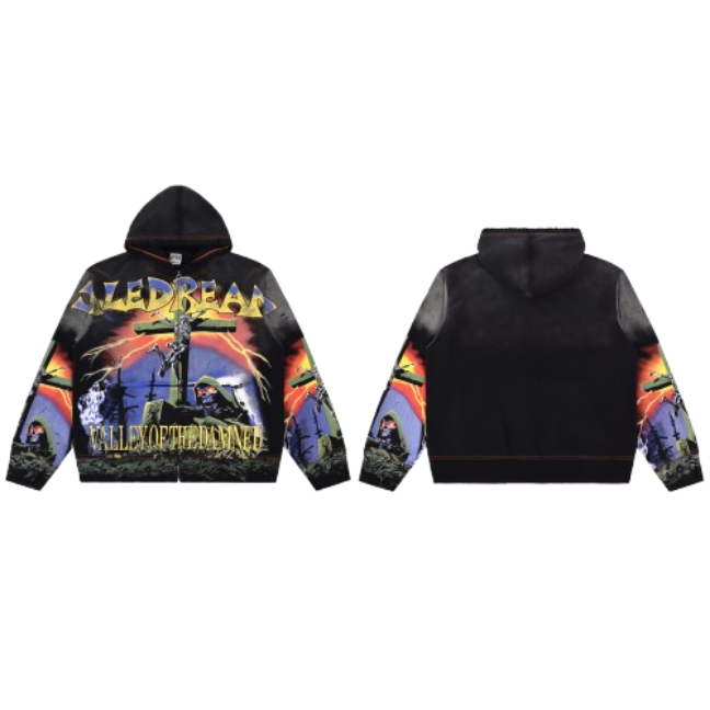 Vale Forever Valley Of The Damned Skull Rock Graphic Zip‑Up Hoodie Black