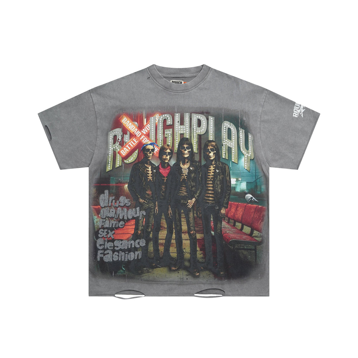 Roughplay Skeleton Rock Band Retro Glam Distressed Tee
