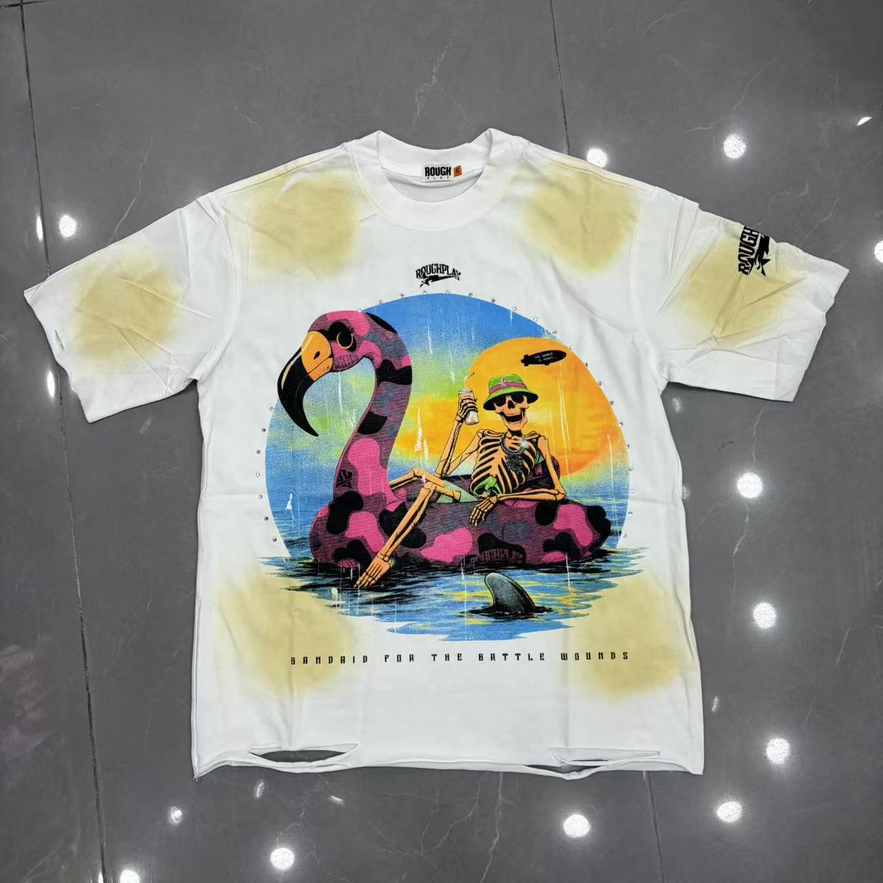 Roughplay Vacation Skeleton Flamingo Float Retro Distressed Tee