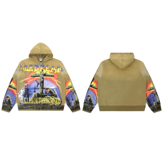 Vale Forever Valley Of The Damned Skull Rock Graphic Zip‑Up Hoodie Olive