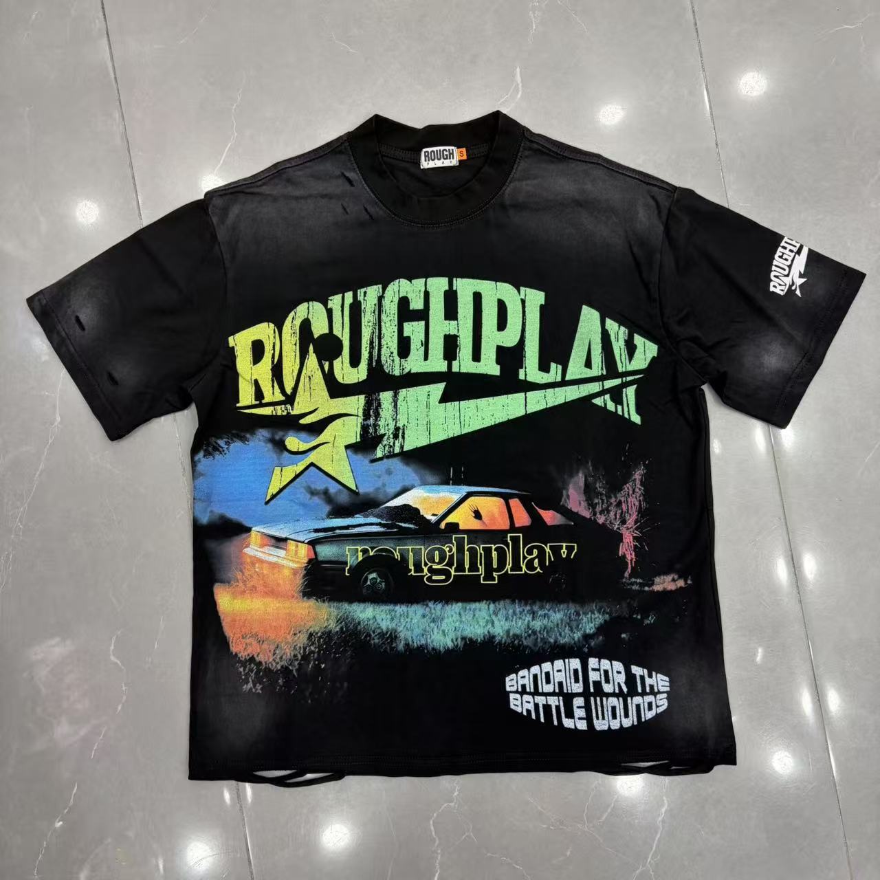 Roughplay Wrecked Muscle Car Lightning Bolt Distressed T‑Shirt