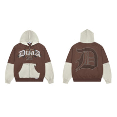 DUAA Two‑Tone Patchwork Distressed Gothic Logo Zip‑Up Hoodie