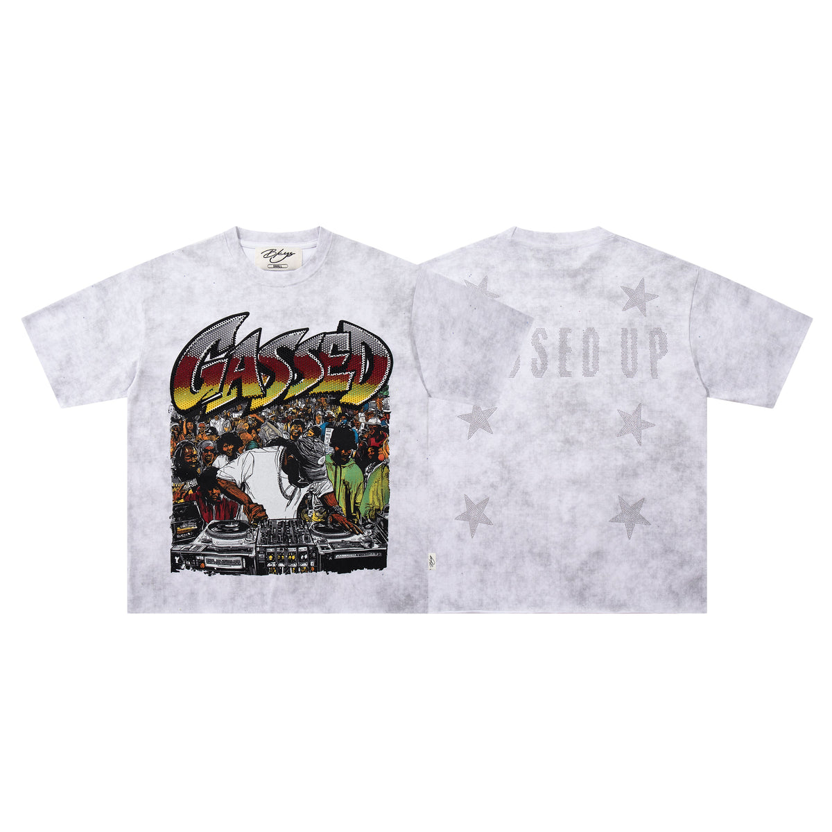BKYS Cased DJ Star Rhinestone White Washed Oversized Graphic T-Shirt