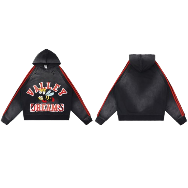 Vale Forever Valley Dreams Bee Graphic Red Stripe Hoodie Black‑Red