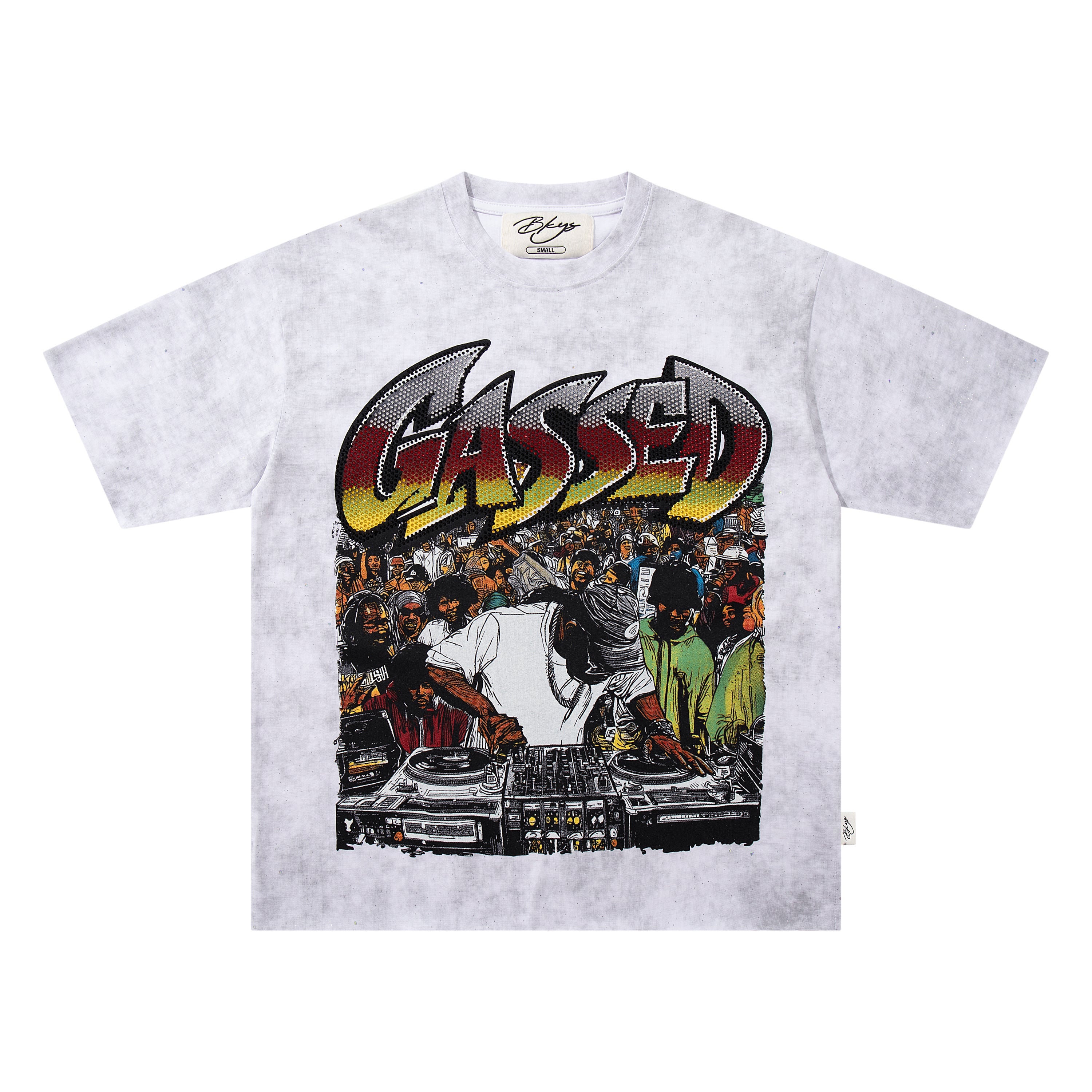 BKYS Cased DJ Star Rhinestone White Washed Oversized Graphic T-Shirt