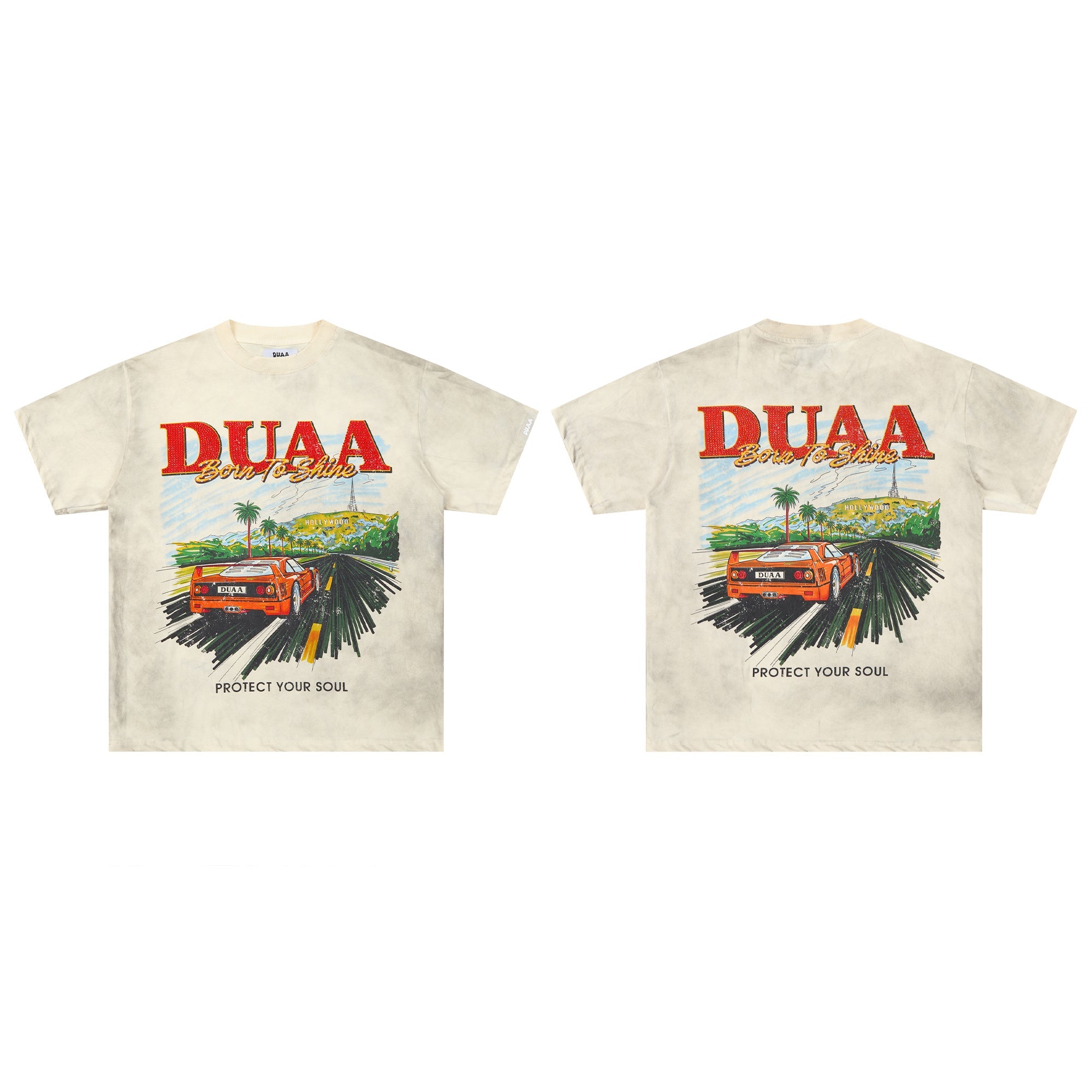 DUAA Born To Shine Retro Highway Sports Car Double‑Sided Graphic Tee