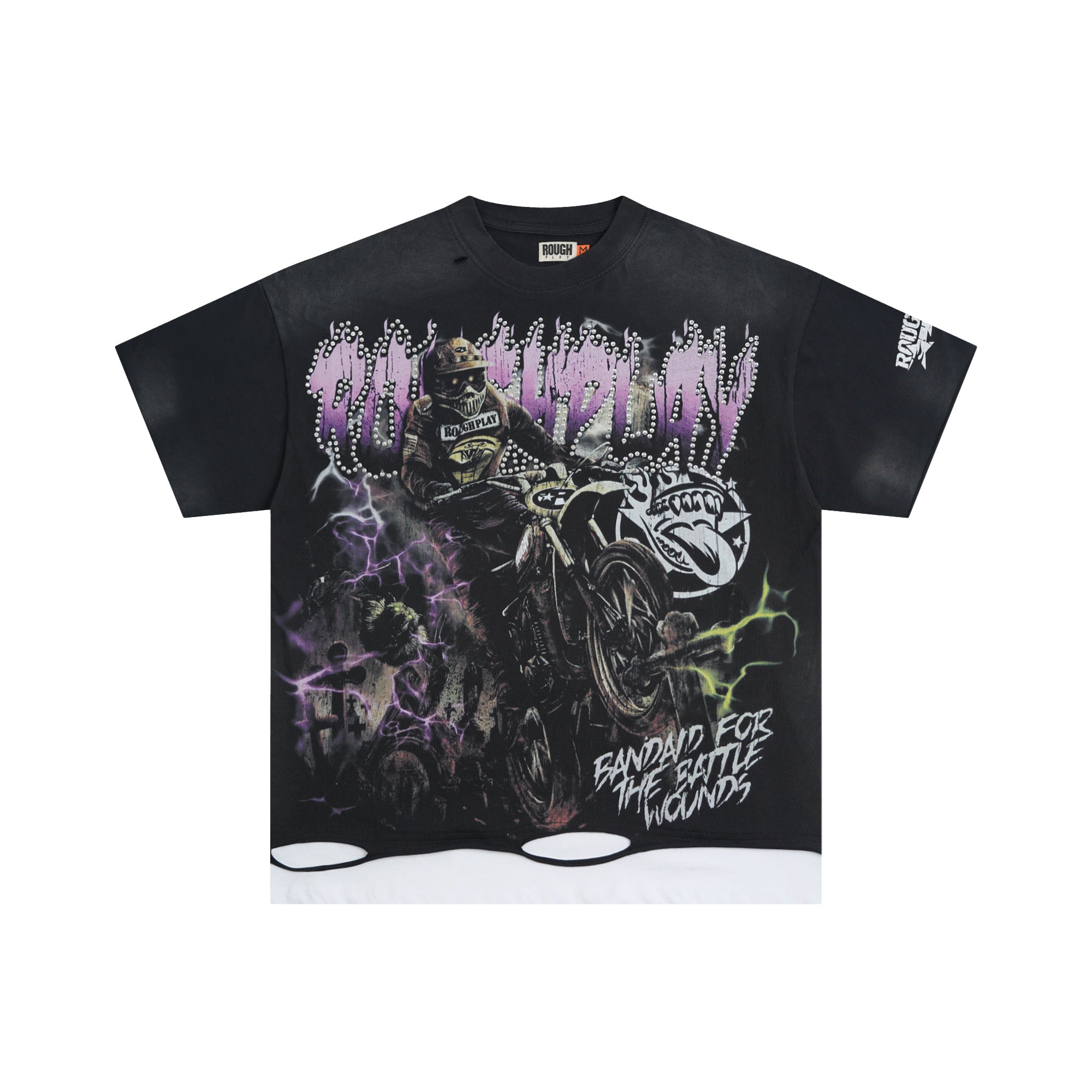 Roughplay Lightning Dirt‑Bike Rider Layered Hem Double‑Sided Distressed Tee