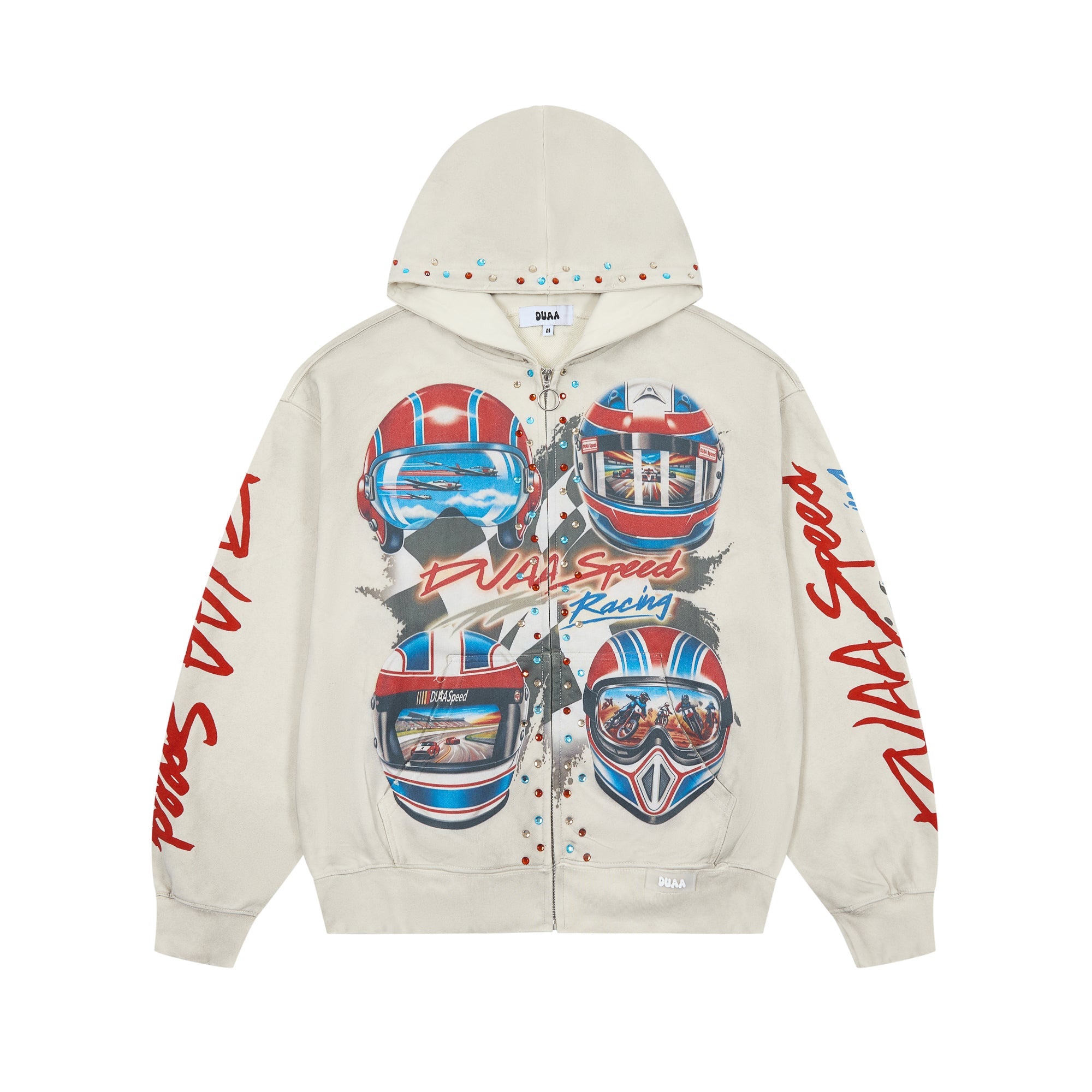 DUAA Speed Racing Helmet Studded Vintage Zip‑Up Hoodie