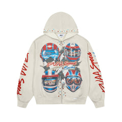 DUAA Speed Racing Helmet Studded Vintage Zip‑Up Hoodie