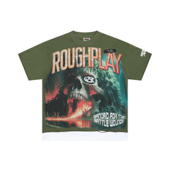 Roughplay Volcanic Jungle Skull Layered Hem Double‑Sided Cropped Tee
