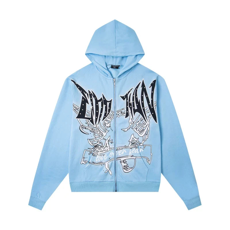 Mixed Emotions Light Blue Gothic Graphic Zip Up Hoodie Streetwear Jacket