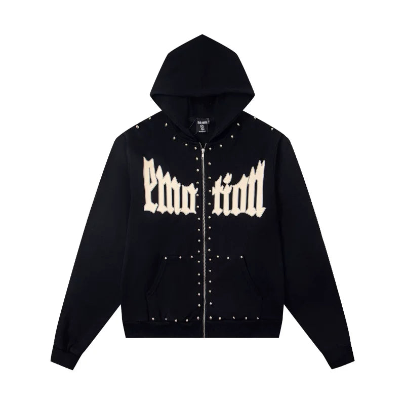 Mixed Emotions Black Studded Gothic Letter Zip‑Up Hoodie