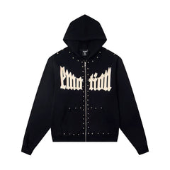 Mixed Emotions Black Studded Gothic Letter Zip‑Up Hoodie