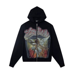 Mixed Emotions Vintage Angel Art Zip Up Hoodie Retro Graphic Streetwear Jacket
