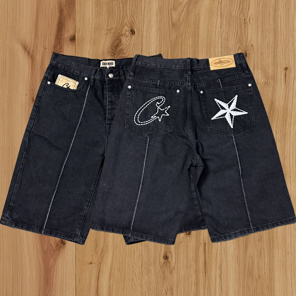 High version Corteiz Devil's Island West Coast denim shorts, kapok flower collaboration, American street six quarter pants trend (2)