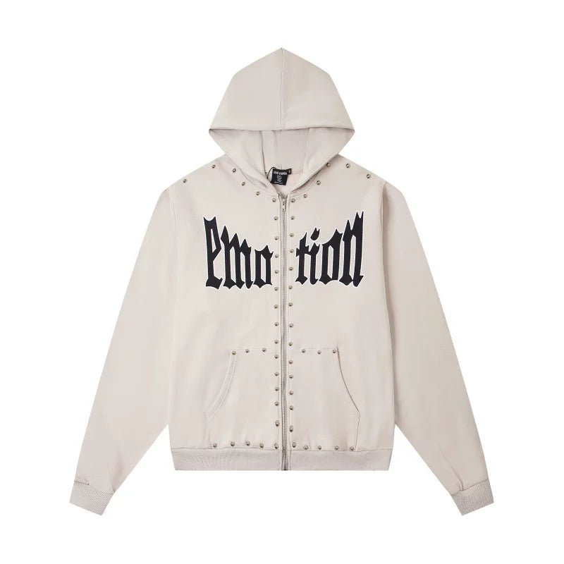 Mixed Emotions Off‑White Studded Gothic Text Zip Hoodie