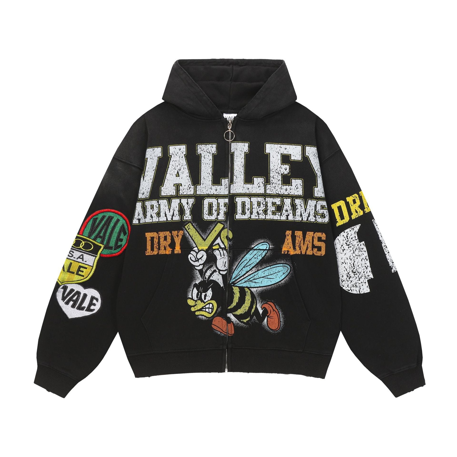 Vale Forever Army Of Dreams Graphic Zip Up Hoodie Black Streetwear Jacket