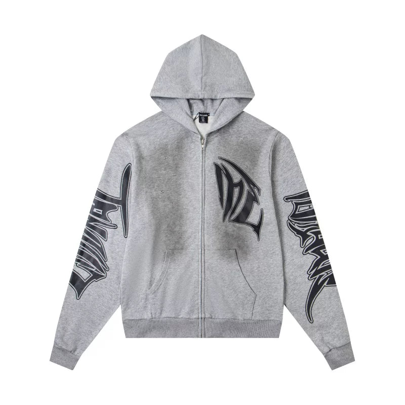 Mixed Emotions Spray Wash Gothic Letter Zip Up Hoodie