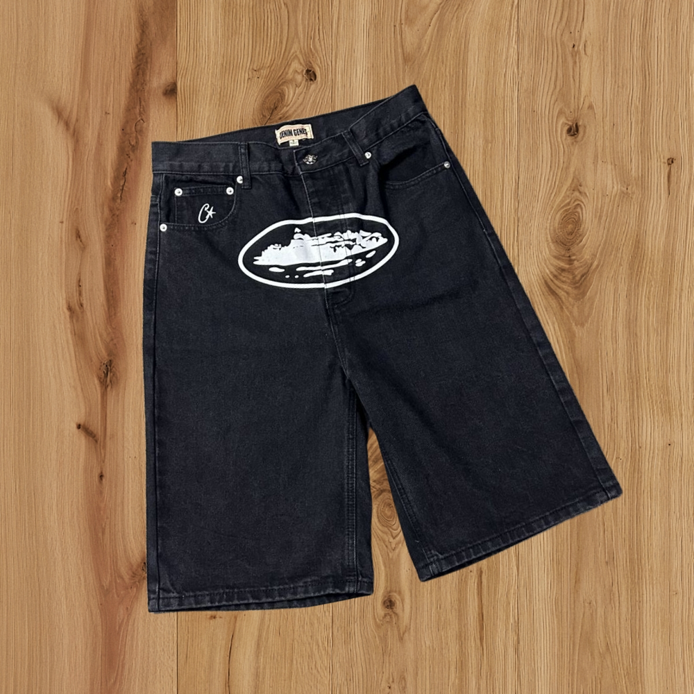 High version Corteiz Devil's Island West Coast denim shorts, kapok flower collaboration, American street six quarter pants trend (6)