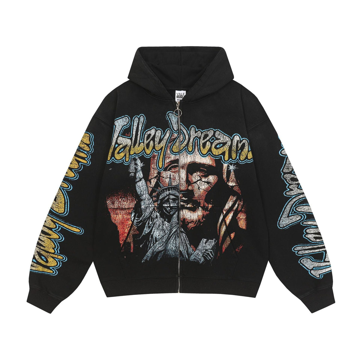 Vale Forever Liberty Graphic Zip Up Hoodie Black Streetwear Oversized Jacket