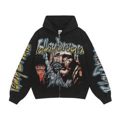 Vale Forever Liberty Graphic Zip Up Hoodie Black Streetwear Oversized Jacket