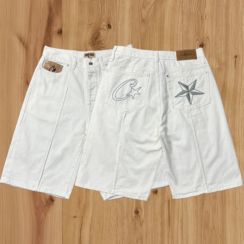High version Corteiz Devil's Island West Coast denim shorts, kapok flower collaboration, American street six quarter pants trend (4)