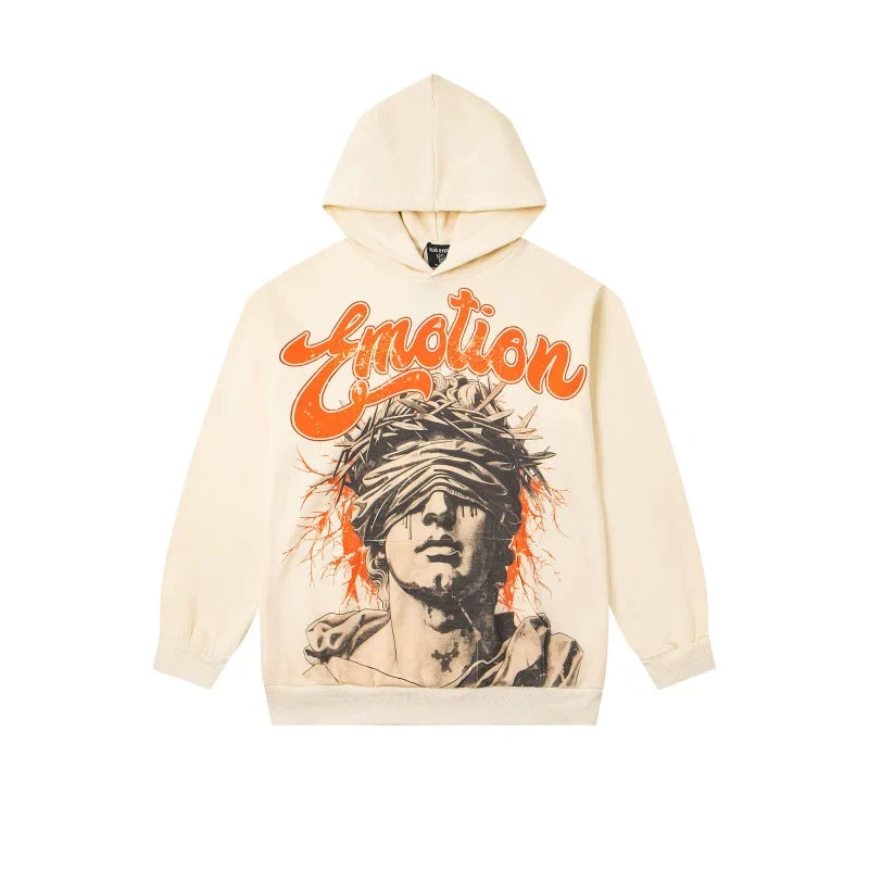 Mixed Emotions Beige Blindfold Portrait Pullover Hoodie Streetwear Top